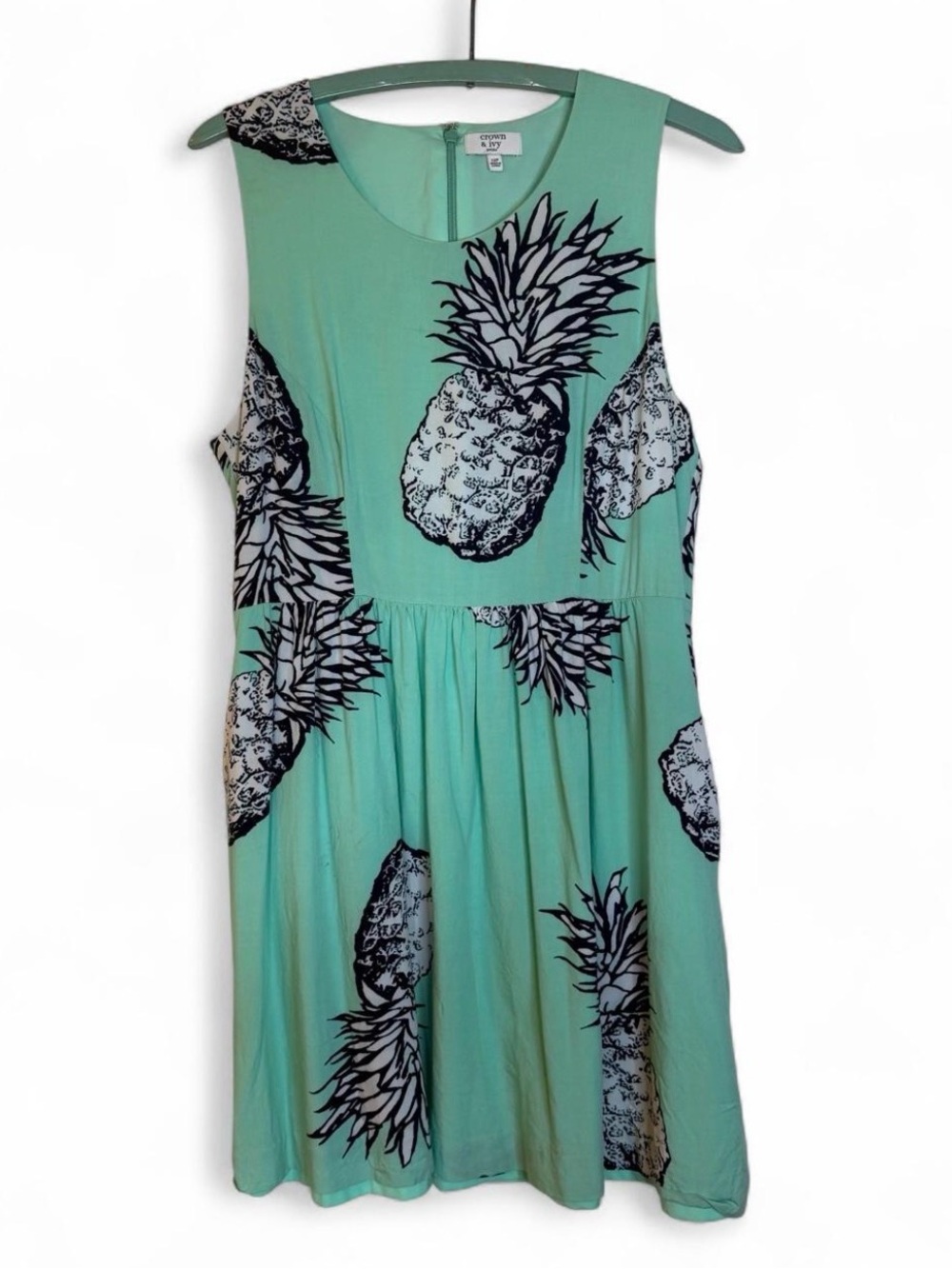 Crown & Ivy black pineapple print dress on mint green background 12P
